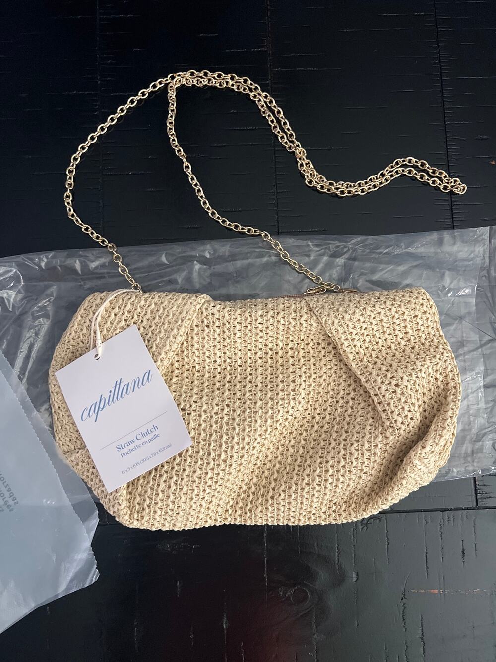 New NWT Capittana Oversized Raffia Straw Clutch Convertible Crossbody Bag Tan
